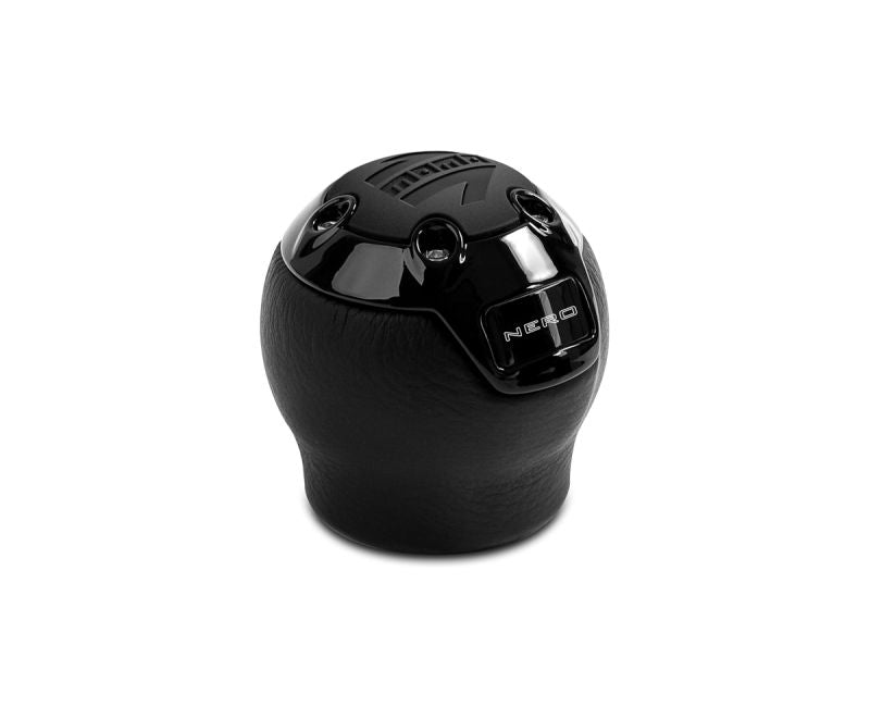 Momo Nero Shift Knob - Black Leather, Black Chrome Insert, with Reverse Lockout