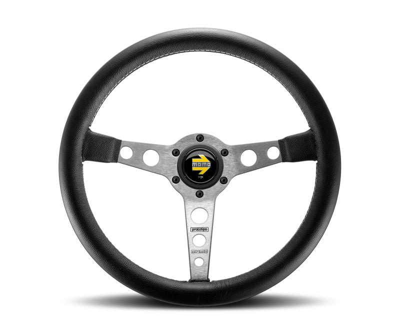 Momo Prototipo Steering Wheel 350 mm - Black Leather/Wht Stitch/Brshd Spokes