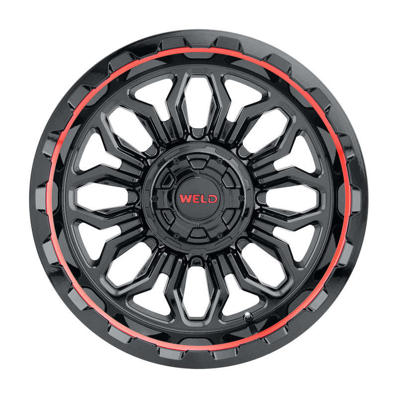 Weld W140 20X10 Flare 6X135 6X139.7 ET-18 BS4.75 Gloss Black MIL Red 106.1