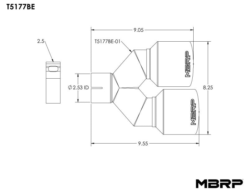 MBRP Burnt End Tip 2.5 ID, Dual 4 OD Out, 9.55 length, Single wall 304 Stainless Steel
